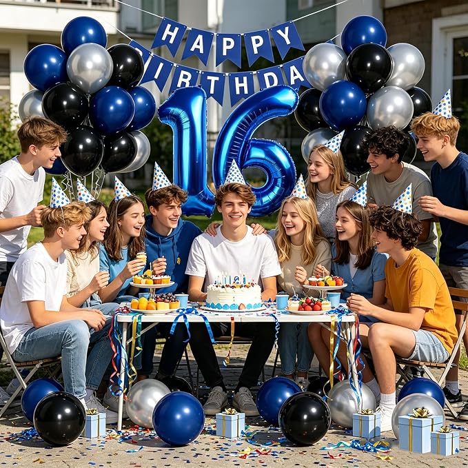 Blue 16th Birthday Decorations For Boys -12 Inch Navy Blue Black Silver Balloons, 32 Inch16 Balloon, Happy Birthday Banner For Sweet 16 Party Decorations Boy