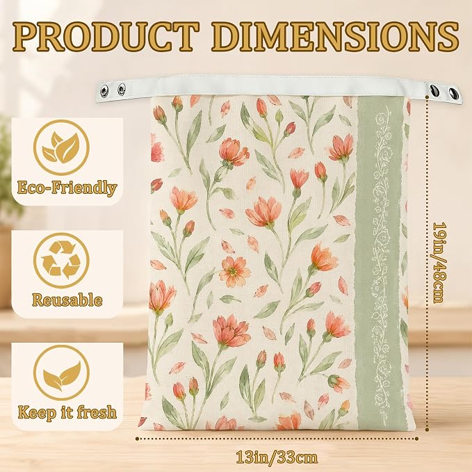 2 Pack Reusable Beeswax Peach Flower Bread Bags, Sourdough Bread Sage Leaf Storage for Homemade, Freezer Storage Bag to Keep Fresh, Baguette Bag with Beeswax Liner Kitchen Baking