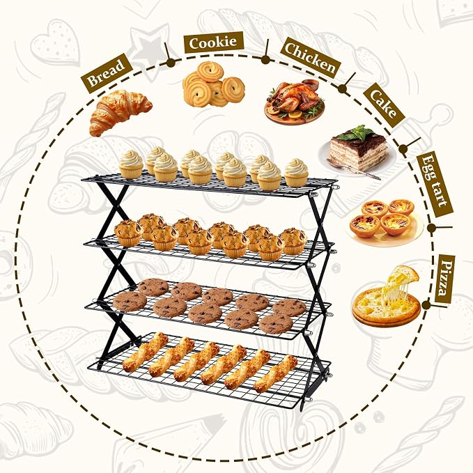 4 Tier Collapsible Cooling Rack, Adjustable Stackable Stainless Steel Baking Rack with Leak-Proof Mesh & X-Shaped Structure, Dishwasher Safe for Cookies, Bread, Pastries