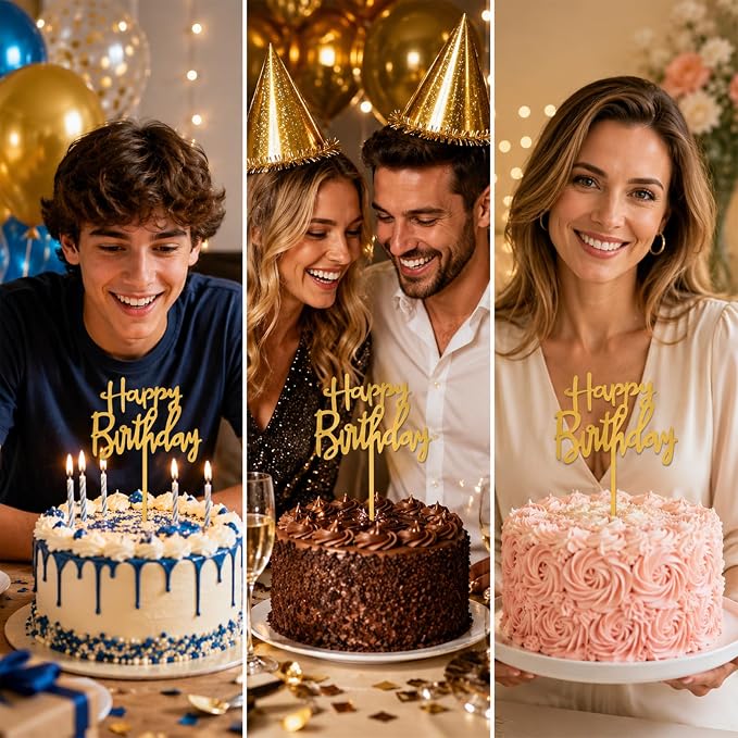 2 PCS Gold Happy Birthday Cake Topper, Acrylic | Hand-Drawn Happy Birthday Topper for DIY Party Cake Decoration, Perfect Keepsake for your family and friends