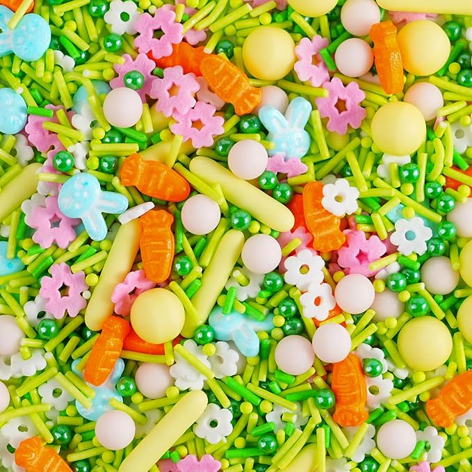 Easter Sprinkles Mix, 4.23 oz Pastel Bunny Rabbit and Carrot Flower Confetti Jimmies, Nonpareils for Cake Decorating, Cookie, Cupcake, Ice Cream Topper, Baking Toppings - Spring, Birthday Party Supplies