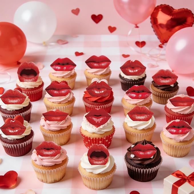 54PCS Edible Red Lips Cupcake Toppers Wafer Paper Kiss Lips Cupcake Picks Happy Valentine's Day Cake Decor for Valentine's Day Theme Party Birthday Decoration Supplies