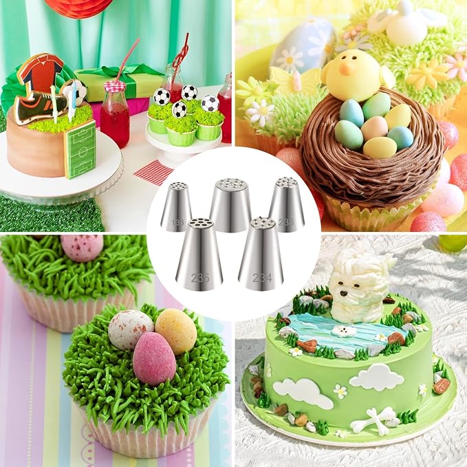 BLMHTWO 5pcs Grass Piping Tip, Stainless Steel Grass Tip for Cake Decorating, Cake Decorating Tips Piping Nozzles for Cupcakes Cookies Hair Fur Decoration Frosting Tips