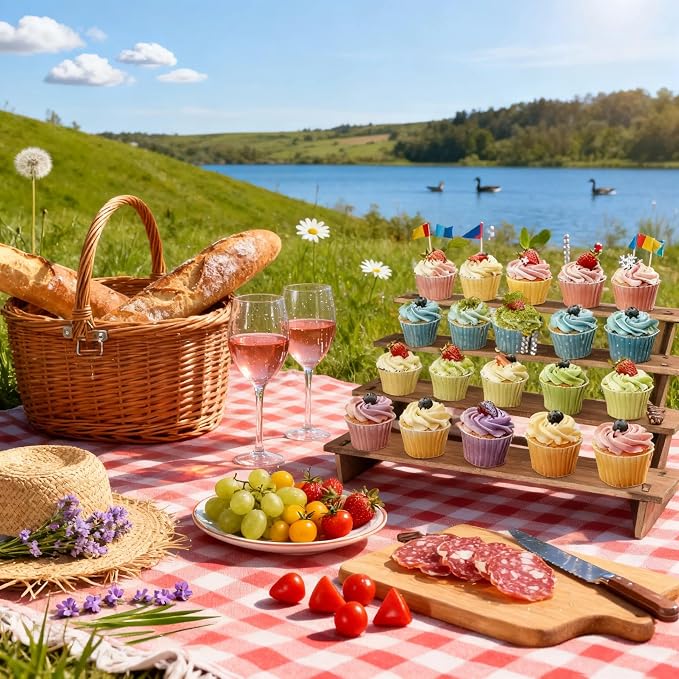 4 Tier Cupcake Stand for 24 Cupcakes - 30s Quick Assembly, Easy Carry&Store | Tiered Display Stand, Rustic Display Risers for Vendor Events, Cup Cake, Dessert, Spice Rack, Candles, Wooden Desert Stands