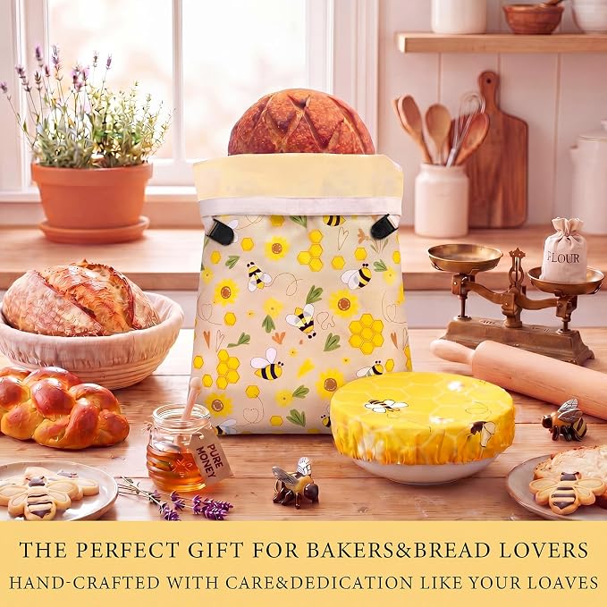 2 Pack Reusable Beeswax Bread Bags for Homemade Sourdough XL 17x13 Inch Beeswax Bread Bags for Storage Large Linen Bowl Cover Keeping Fresh Longer Safe Storage(Bee)