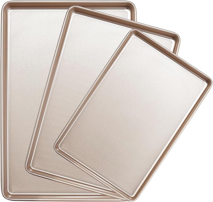 GIUOIDUO Baking Sheet Set of 3, Nonstick Heavy Duty Cookie Sheets for Oven - 13.6"×9.6"/15.5"×10.6"/17.5"×11.8" Warp-Resistant Carbon Steel Bakeware Trays, Champagne Gold, Dishwasher & Oven Safe