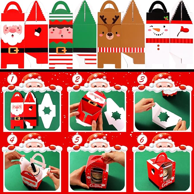 TaoBary 24 Pcs Christmas Cupcake Boxes Xmas Individual Cupcake Box Christmas Cookie Boxes with Window Insert Handle Muffin Pastry Holder Bakery Treat Box for X-mas Party(Snowman)