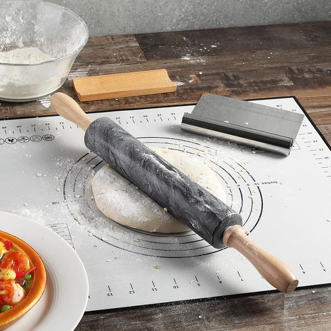 African Natural Marble Rolling Pin, Non-Stick Polished Dough Roller, Pasta, Dumpling, Fondant, Pie Crust, Bread, Pizza Dough, Kitchen Baking Pastry Tools with Mat/Scraper(Monte Grigio)