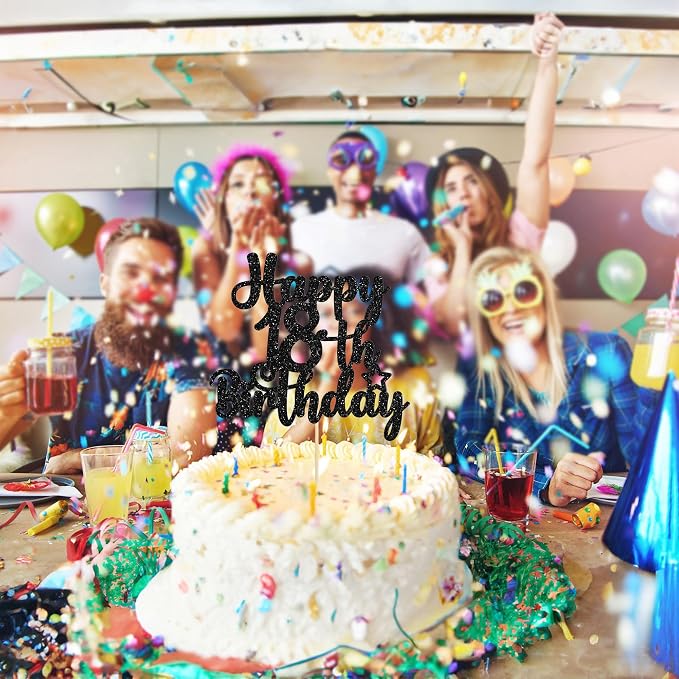 Gyufise 1Pc Happy 18th Birthday Cake Topper Glitter 18 & Fabulous Cheers to 18 Years Old Birthday Cake Pick for Celebrating 18th Birthday Party Cake Decorations Supplies Black