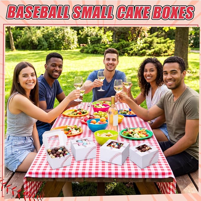50 Pack Baseball Print Cookie Boxes with Window, Small Bakery Treat Boxes for Pastry Donuts Macaroon Cupcakes, Birthday Baseball Party Baby Shower Favors