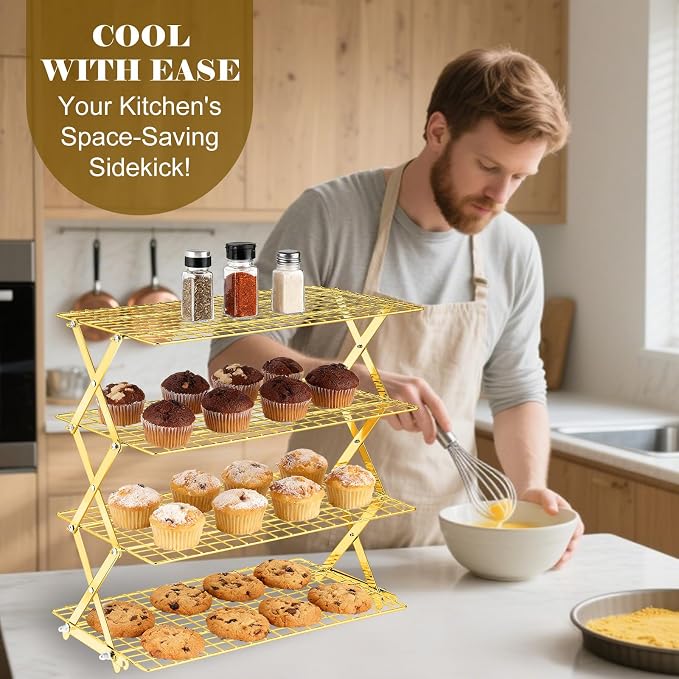 BEWOS 4 Tier Collapsible Cooling Rack - Adjustable Stainless Steel Baking Rack with Mesh Leak Proof,Foldable X-Shaped Structure Cooling Racks for Cooking and Baking, Dishwasher Safe(Gold)