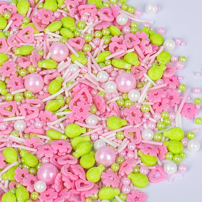 Edible Sprinkles for Cake Decorations,Pink White Pearls and Jimmies,Heart and Flowers,Bright Green Balloons Sprinkle Mix,Spring Candy Sprinkles for Easter Cakes,Cupcakes,Dessert Tables & Party Favors,Food Grade Sugar Decorating for Brunch,Wedding Birth...