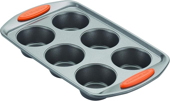 Rachael Ray Yum-o! Nonstick Bakeware Oven Lovin' Cups Muffin Pan 6-Cup, Gray with Orange Handles