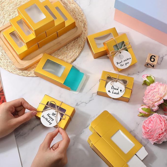 Zhanmai 100 Set Gold Small Soap Boxes for Homemade Soap, 3.35 x 2.36 x 1.2 Inch Paper Packaging Boxes with Window, with 100 Tag and Twine, Gift Wrapping Supplies for Bakery Candy Cookies Party Favors