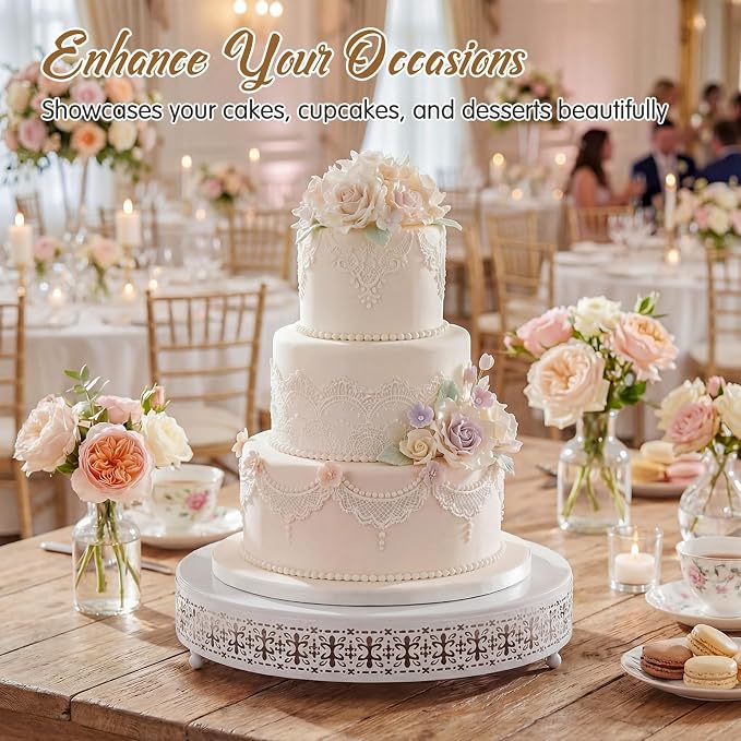 Wenqik White Cake Stand 14 Inch Metal Round Cupcake Dessert Wedding Cake Stand with Cutting & Spatula Cookies Display Holder Fruit Serving Tray for Table Wedding Birthday Anniversary Party