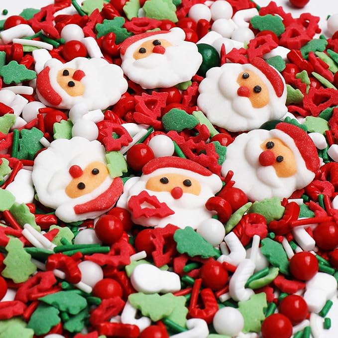 Christmas Sprinkles for Baking, 4.6oz Sprinkles Mix with 6 Sugar Santa, Edible Tree, Snowmen, Cane, for Cupcake, Cookie, Ice Cream, Donuts and Cake Decorating
