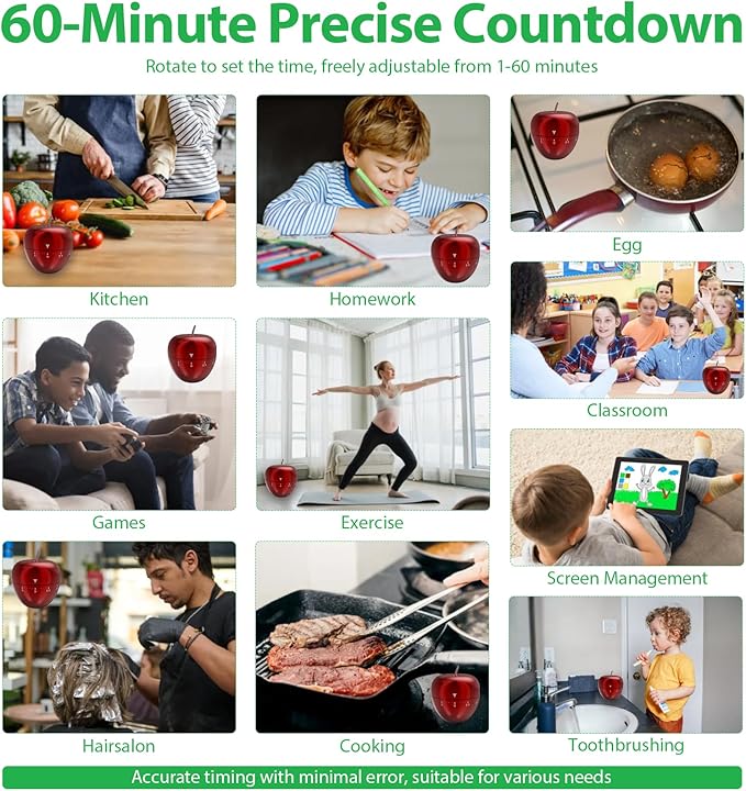 Stainless Steel Apple Kitchen Timer, Mechanical 60-Minute Manual Countdown, Glossy Red Metal Visual Timer for Professional Chef, Classroom Teacher Gift & Christmas Holiday Decor (Red Apple)