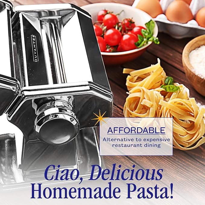 Nuvantee Pasta Maker with 7 Adjustable Thickness Settings - 3 in 1 Noodle Maker with Rollers & 2 Width Cutters for Fresh Spaghetti, Fettuccini, Lasagna, Dumplings & More - Red