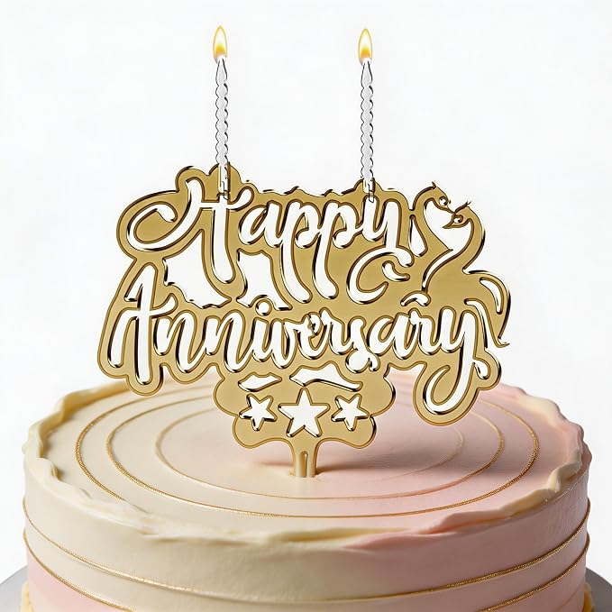 Happy Anniversary Cake Topper Candle, Gold Acrylic Anniversary Cake Decoration, 2 Wick Celebration Cake Topper