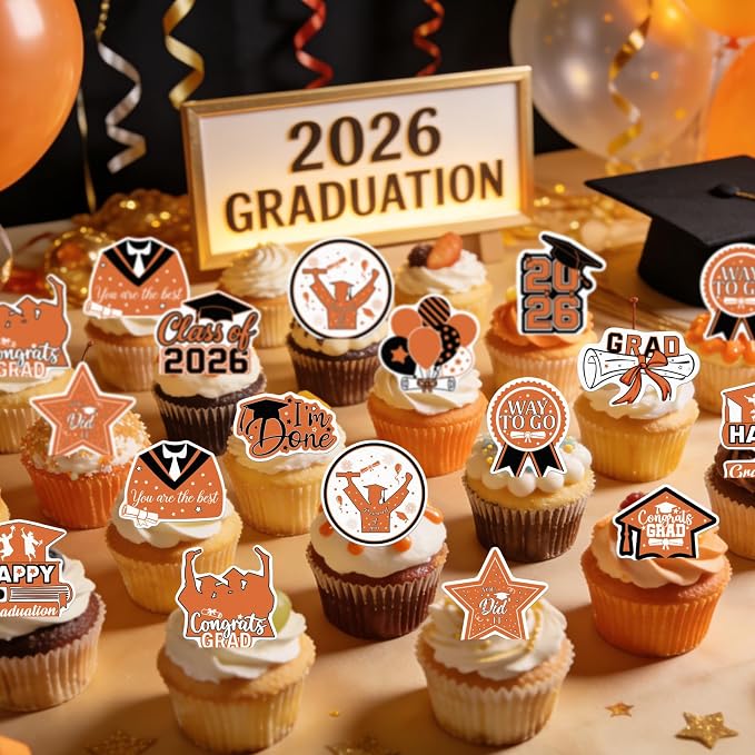48pcs Edible 2026 Graduation Cupcake Toppers Wafer Paper Orange Class of 2026 Cake Decorations Edible Congrats Grad Cupcake Picks for 2026 Graduation Theme Party Cake Supplies
