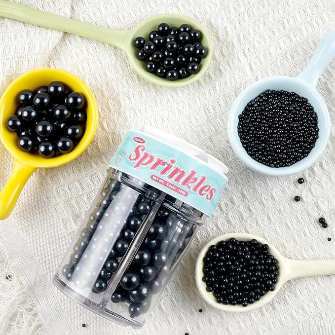Black Edible Pearl Sprinkles for Cake Decorating, 160g/5.64oz, Sugar Pearls Sprinkles for Cupcake, Cookies, Baking Cake Decorations, 4 sizes, Party Holiday Supplies