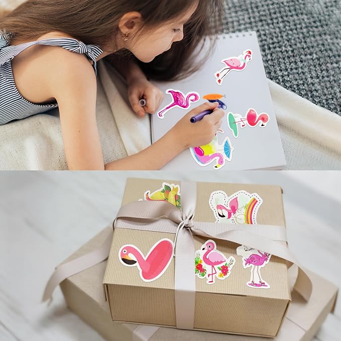 50 Pcs Flamingo Stickers for Kids Girls Water Bottles Laptops Scrapbook Decoration Party Favors Classroom Rewards Tropical Summer Pink Beach Waterproof Vinyl Decals