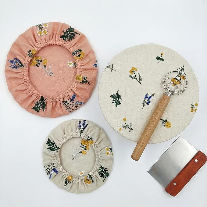 Reusable Bowl Covers (Set of 4) - Breathable Cotton Linen Sourdough Accessories - Elastic Durable Fabric Food Lids for Proofing Baskets & Bread Baking Supplies (Dusty Peach)