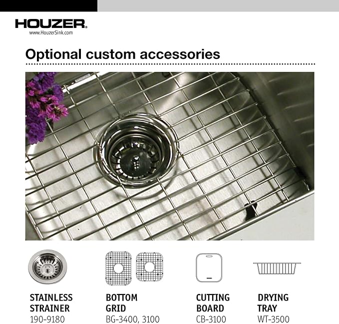 Houzer Glowtone Stainless Steel Kitchen Sink: 33 Inch Topmount 3-Hole 60/40 Double Bowl Kitchen Sink with Strainers & Grids, Durable & Versatile, Essential for Home & Apartment: ISL-3322BS3-C