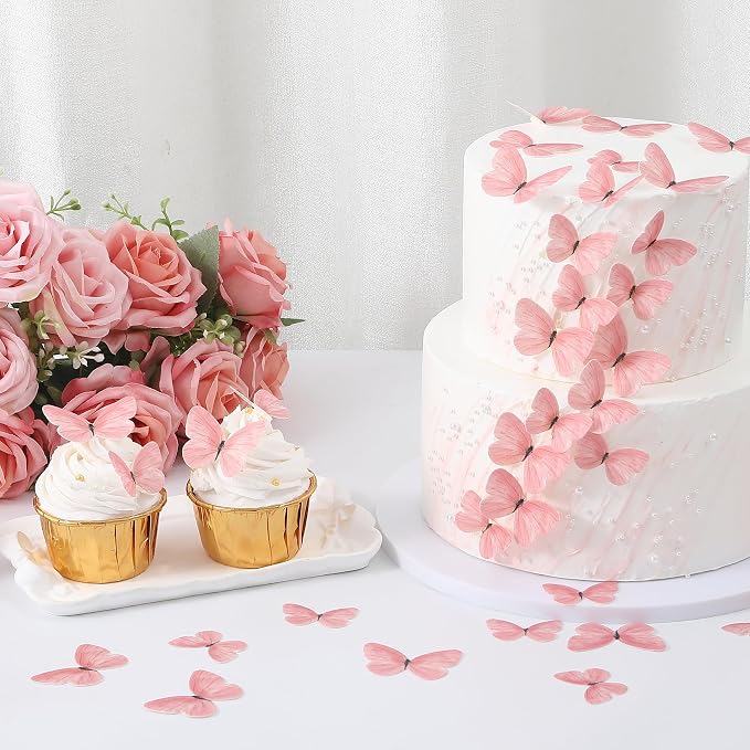 58Pcs Pink Edible Butterflies Cake Toppers Wafer Glutinous Paper Butterfly for Cake Cupcake Decoration Colorful Small Pastel Cupcake Topper Decoratings for Wedding Birthday Baby Shower(Mix Size)