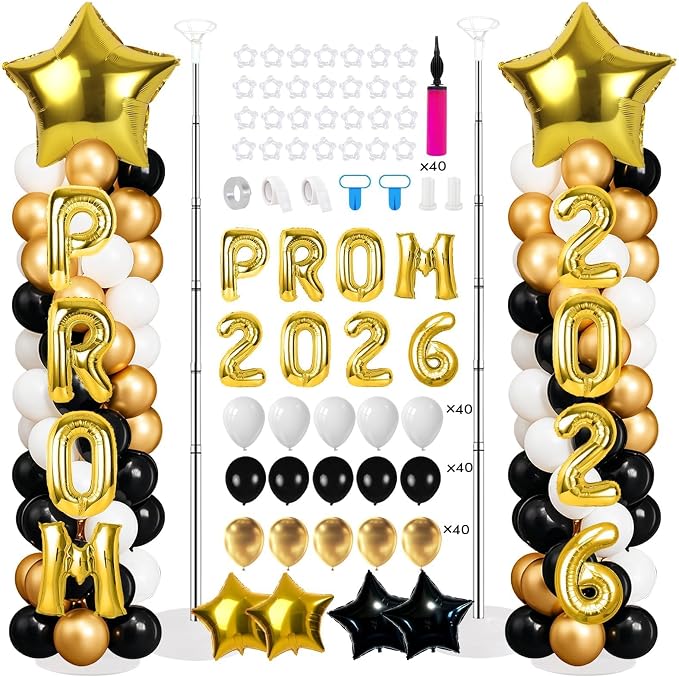 2 Sets Black Gold Balloon Column Stand Kit with Balloons Prom Send off 2026 Prom Themed Decoration Black Gold Balloon Tower Stand for Floor Grad School & College Celebration Party Supplies