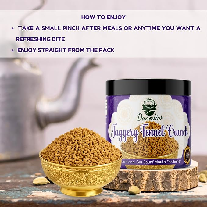 Danodia Foods Jaggery Fennel Crunch, Gur Sweetener, 100g, for Chai & Baking | Gur saunf mukhwas with jaggery and fennel seeds; Indian after-meal mouth freshener in resealable pouch; tea and dessert use