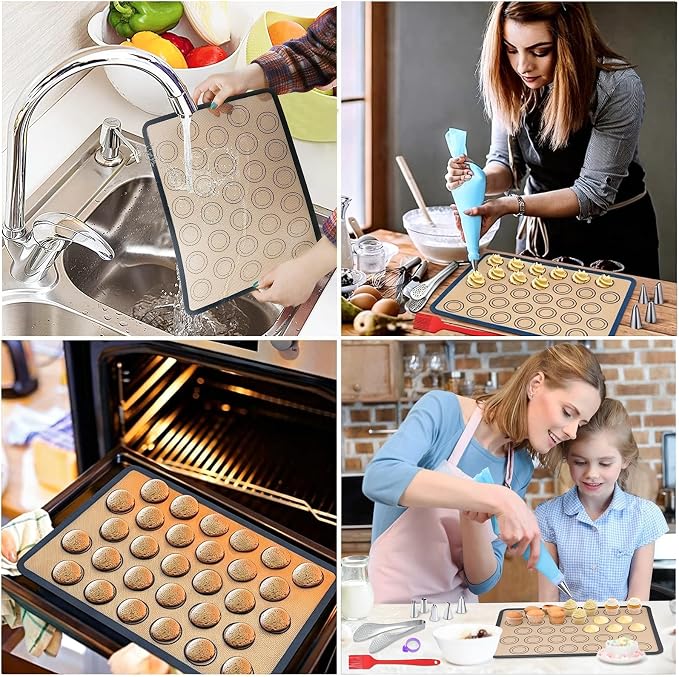 Macaron Silicone Baking Mats Kit (23 Pcs set) 16.5''x11.4'' Nonstick Macaroon Baking Mat Set of 2 Half Sheet with 12 Piping Tip 3 Scraper 2 Piping Bag 2 Bag Tie 2 coupler