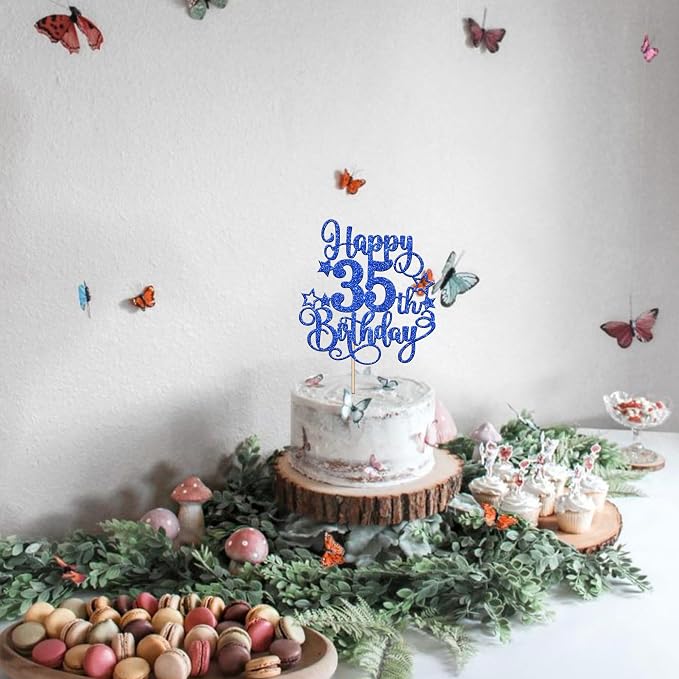 1 PCS Happy 35th Birthday Cake Topper Glitter Cheers to 35 Years Birthday Cake Pick Hello 35 Fabulous Cake Decoration for Happy 35th Birthday Anniversary Party Decorations Supplies Blue