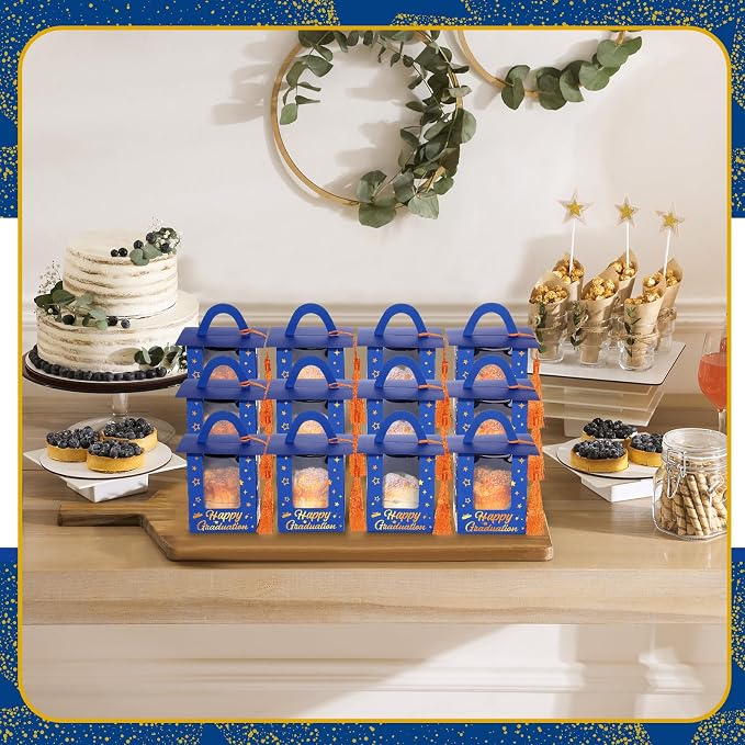 Outus 30 Pcs Graduation Cupcake Boxes Graduation Gift Box Congrats Grad Cupcake Container Candy Boxes with Window and Tassel for 2026 College High School Grad Party(Blue and Orange)