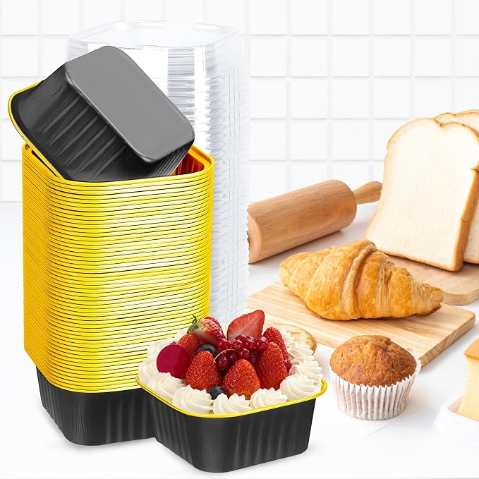 60Pack 5oz Black&Gold Mini Cake Pans with Lids Baking Cups Aluminum Foil Pans Tins, Individual Dessert Cups Containers for Sales,Party,Picnics