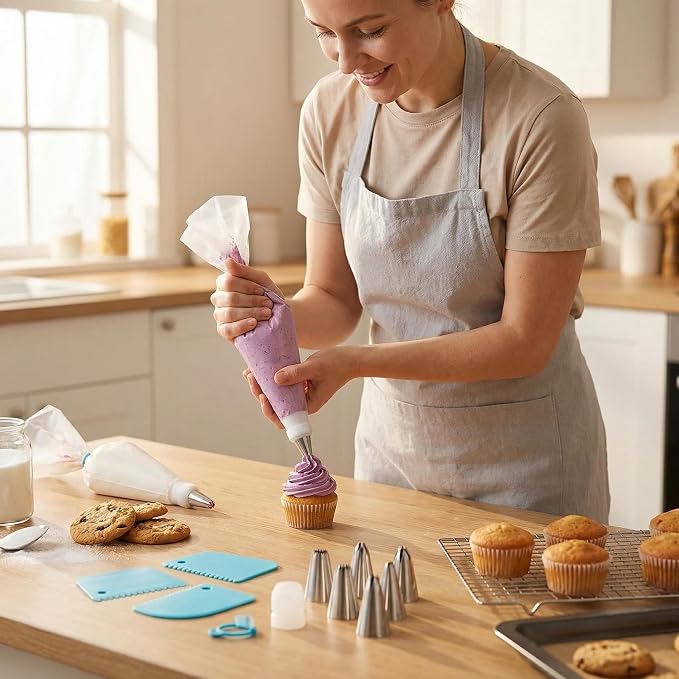 Baking & Pastry Tool Kit, 14 Nozzles & 6 Blue Scrapers, Reusable Bags & Ties, Versatile Kitchen Accessories for Decorating & Dough Shaping (20)