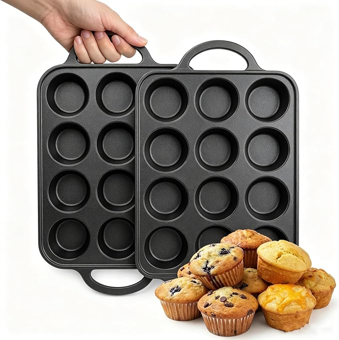 Flavehc 2pack Cast Iron Muffin Pans for Baking 12 Cup Regular Size Cupcake Pan with Handle Pre-Seasoned Muffin Pans Molds