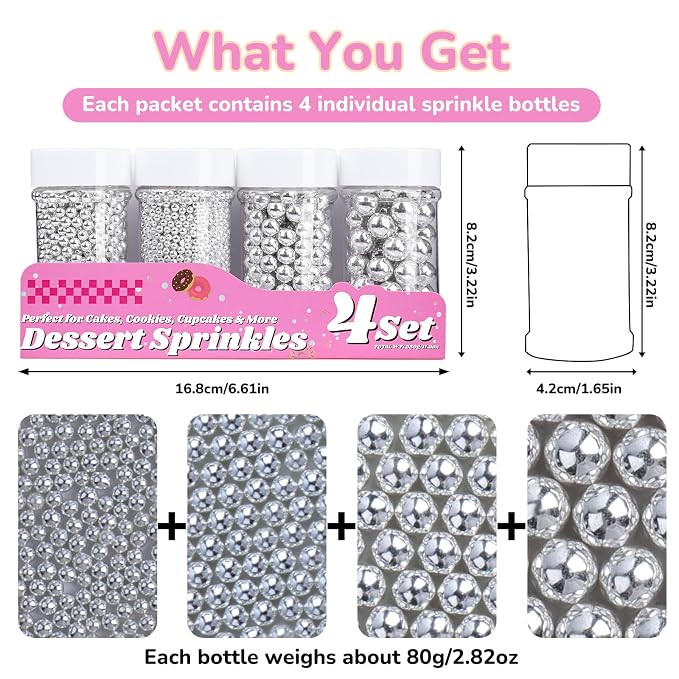 Silver Pearl Sprinkles for Cake Decorating, 11.3oz/320g Edible Pearls Sugar 4 Jars Set for Baking Cupcakes Cookies Ice Cream