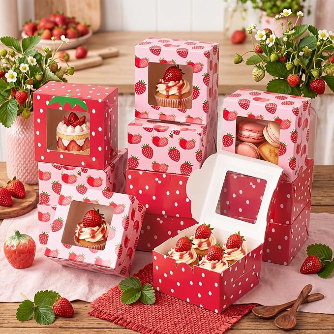 50 Pack Strawberry Cookie Boxes with Window, Berry Sweet Treat Boxes for Berry First Birthday, Strawberry & Summer Party Bakery Favors for Cookies, Macarons & Cupcakes