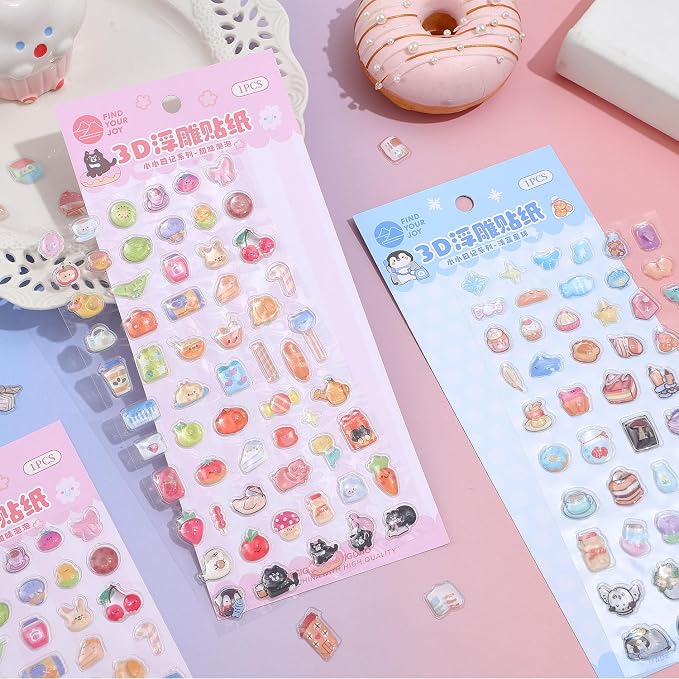 Girl's 3D Cute Japanese Puff Sticker, 100+ Kawaii Dessert and Animal Mini Puffy Stickers, for DIY Scrapbooks Planner Journals Laptops Phone Case Decoration Gifts Rewards, Sweet Bubbles