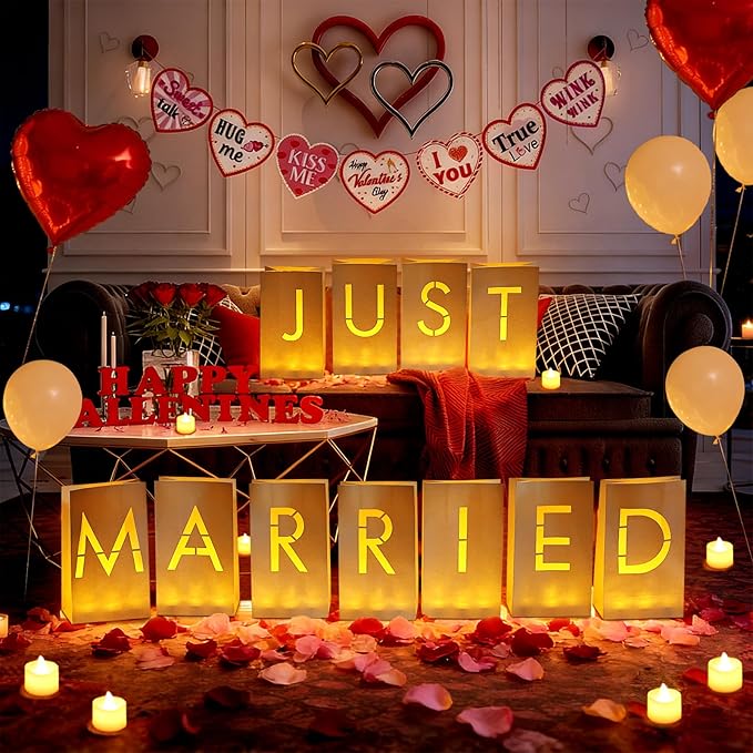Just Married Luminary Paper Bags with LED Tea Lights Flameless Candles Balloons Rose Petals, Light Up Letters Signs for Valentines' Day Engagement Romantic Decorations