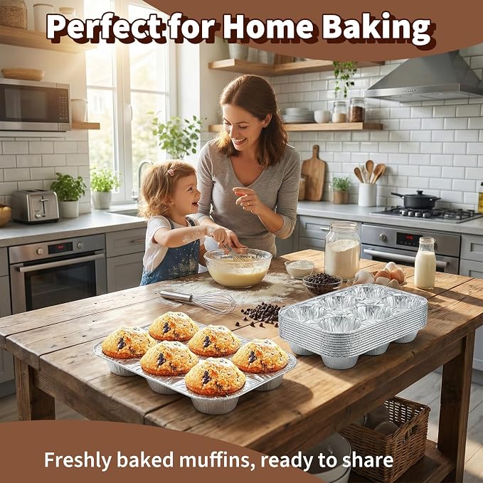 Disposable Muffin Pans with Lids, 20 Pack Aluminum Muffin Pans with Clear Lids, 6-Cup Size Throw Away Tin Foil Pan, Strong and Flat Base for Even Baking, Ideal for Parties and Holidays