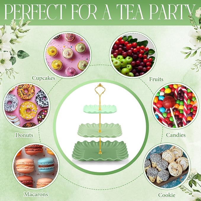 FoldTier 6 Pack Cupcake Stand Set 3 Pcs 3 Tier Gradient Dessert Table Display Stands Cookie Tray Rack 3 X14 in Rectangle Party Trays for Wedding Birthday Tea Party Baby Shower(Green,Rectangle)