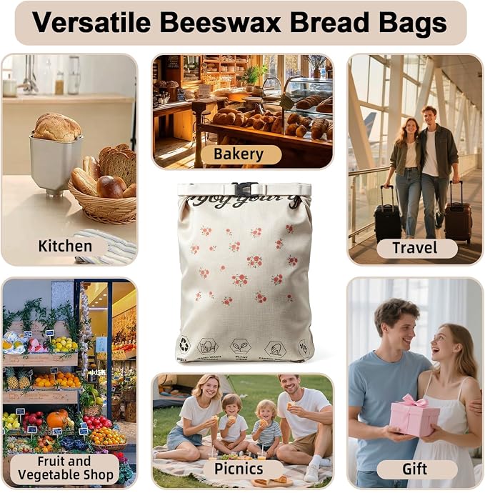 2 Pack Reusable Beeswax Bread Bags for Sourdough, 13"×17" XL Natural Beeswax Bags - Bread Storage Bags to Keep Fresh Longer, 100% Linen Moisture-proof Sourdough Storage Bags, Portable, Easy to Clean