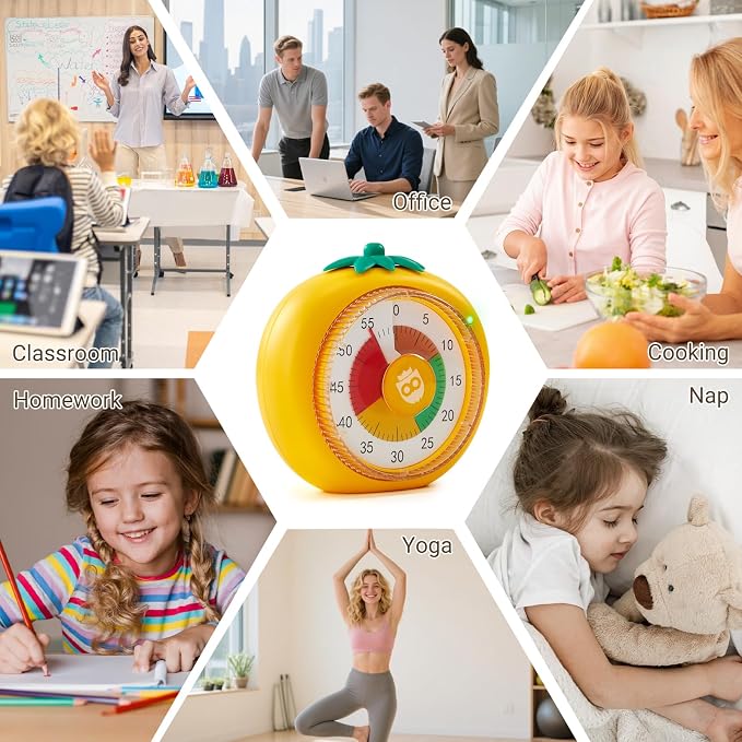 Magnetic Visual Timer, 60-Minute Countdown for Kitchen Classroom Homework | 4-Color Zone Dial with Cute Design, Kids Timer with Pomodoro Mode Time Management Tool for ADHD, Cooking & Baking