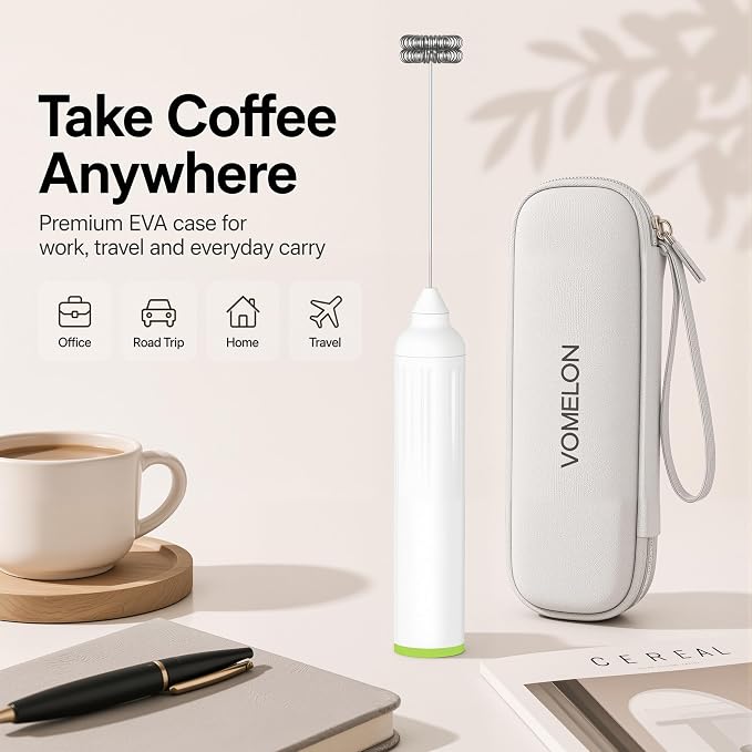 Milk Frother Handheld with 3 Stainless Steel Whisks, Rechargeable Electric Drink Mixer with Stand & Travel Case, Milk Foamer for Coffee, Latte, Cappuccino, Hot Chocolate, Egg,Jam Supplement-White