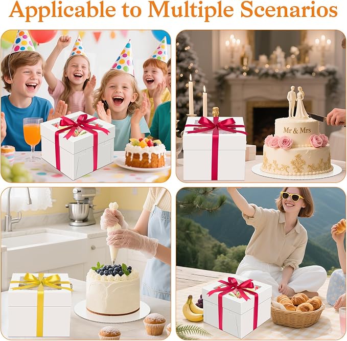 Sudaya 10x10x8 Cake Boxes with Boards, Cake Boxes 10 inch with Tall Cakes Boards Ribbon Stickers, 10in Disposable Carry Bakery Containers Cajas Para Pasteles for Pies Party Wedding Gift Giving
