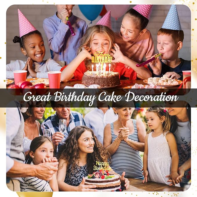 150 Pcs Happy Birthday Cake Toppers Acrylic Cake Topper Glitter Birthday Cake Decorations Double Sided for Adults Various Cake Decoration Party Supplies(Gold,Brief)