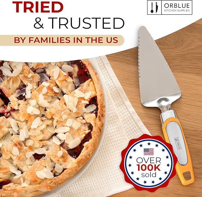 Orblue Pie Server, Essential Kitchen Tool, Serrated on Both Sides, Great for Right or Left Handed Chef, Stainless Steel Flatware, Cake Cutter, Orange