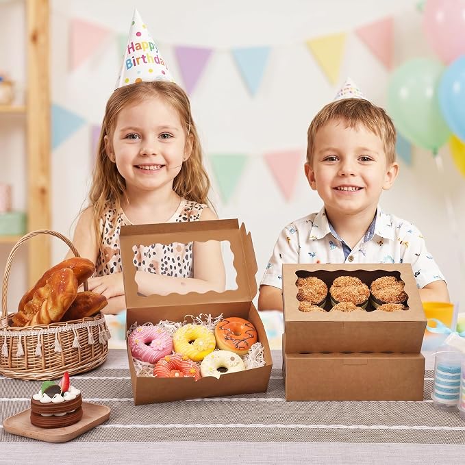 Moretoes 10pcs Bakery Boxes, 9x6x3 Inch Brown Cookie Boxes with Window,Pastry Containers for Chocolate Covered Strawberries, Candy, Muffins, Donuts